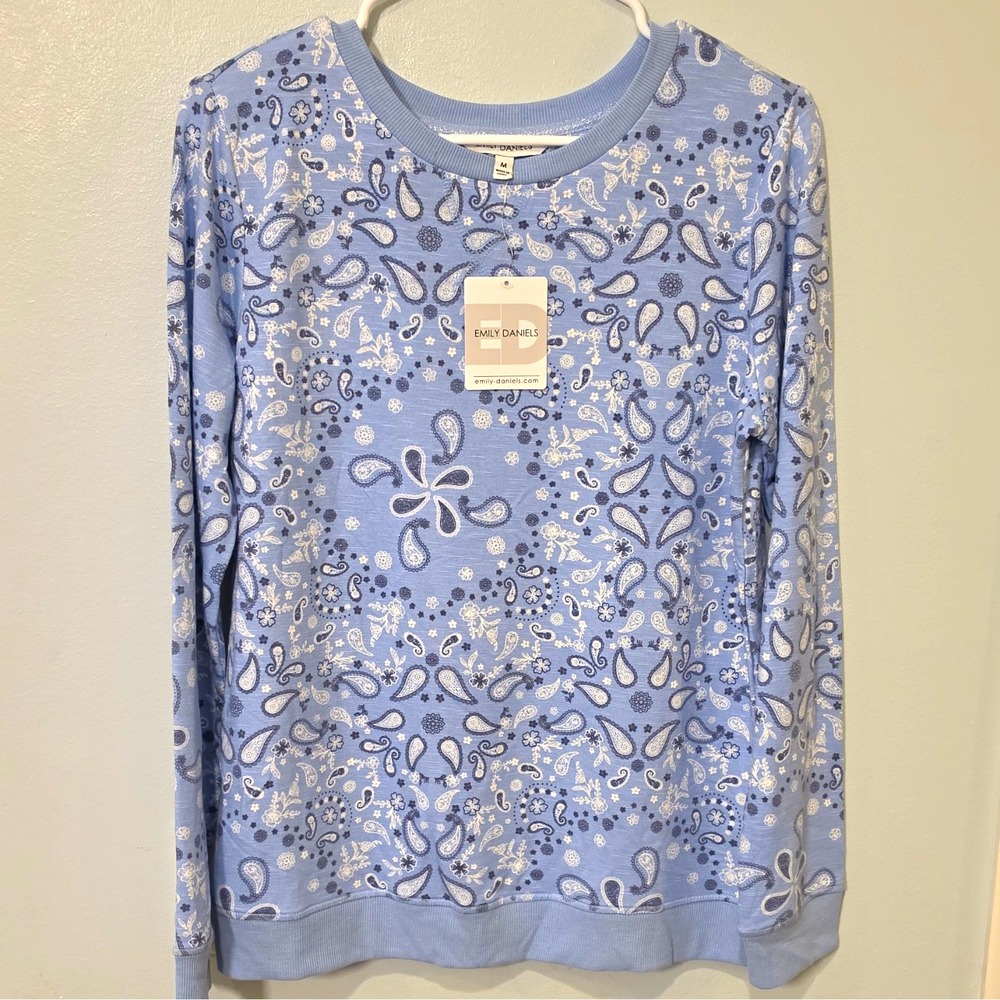 Emily Daniels Women's Blue/White Paisley Crewneck Pullover Sweatshirt M #133